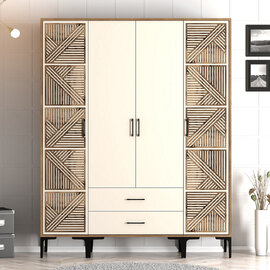 Kumsal Wooden Wardrobe with 2 Geometric Slatted Doors in Walnut and Cream