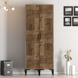 Kumsal Wooden Wardrobe with 2 Geometric Slatted Doors in Walnut