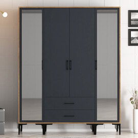 Kumsal Wooden Wardrobe with 2 Mirror Doors 2 Drawers in Anthracite and Walnut