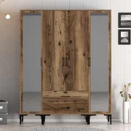 Kumsal Wooden Wardrobe with 2 Mirror Doors 2 Drawers in Walnut