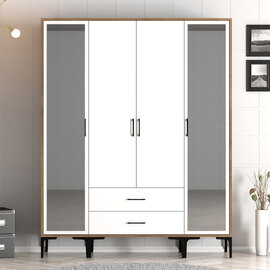 Kumsal Wooden Wardrobe with 2 Mirror Doors 2 Drawers in White and Walnut