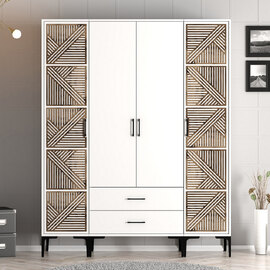 Kumsal Wooden Wardrobe with 2 Walnut Geometric Slatted Doors in White
