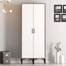 Kumsal Wooden Wardrobe with 2 White Doors in Walnut