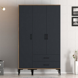 Kumsal Wooden Wardrobe with 3 Anthracite Doors in Walnut