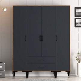 Kumsal Wooden Wardrobe with 4 Anthracite Doors in Walnut