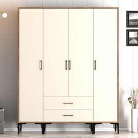 Kumsal Wooden Wardrobe with 4 Cream Doors in Walnut