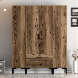 Kumsal Wooden Wardrobe with 4 Doors 2 Drawers in Walnut