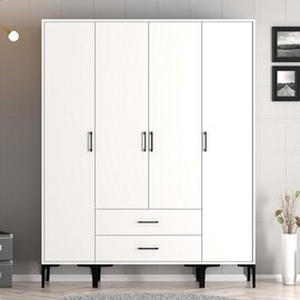 Kumsal Wooden Wardrobe with 4 Doors 2 Drawers in White