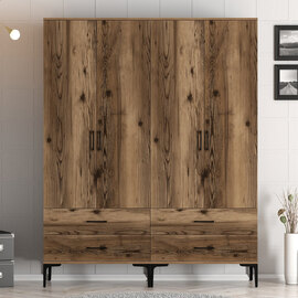 Kumsal Wooden Wardrobe with 4 Doors 4 Drawers in Walnut