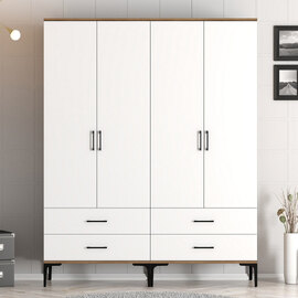 Kumsal Wooden Wardrobe with 4 Doors 4 Drawers in White and Walnut
