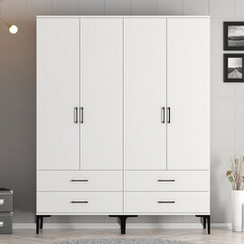 Kumsal Wooden Wardrobe with 4 Doors 4 Drawers in White