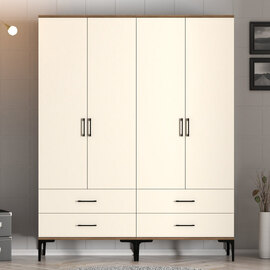 Kumsal Wooden Wardrobe with Cream 4 Doors 4 Drawers in Walnut