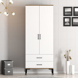 Kumsal Wooden Wardrobe with White 2 Doors 2 Drawers in Walnut