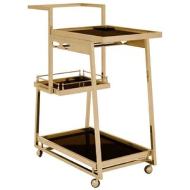 Kurhah Black Glass 3 Tier Drinks Trolley - Gold Frame