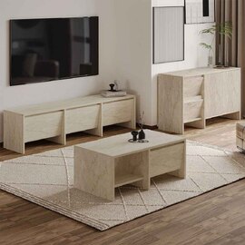 Lacin Wooden Living Room Furniture Set in Travertine Marble Effect