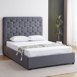 Laelio Velvet Fabric Ottoman Storage King Size Bed in Grey