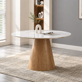 Laevor White Sintered Stone Top Dining Table with Walnut Wooden Base
