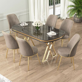 Lai Anthracite Lacquer Panel Dining Table with 6 Fabric Cappuccino Chairs in Gold