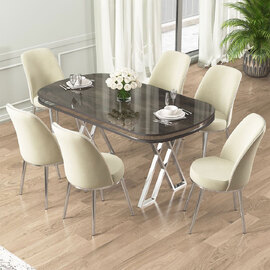 Lai Anthracite Lacquer Panel Dining Table with 6 Fabric Cream Chairs in Chrome