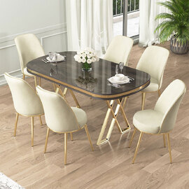 Lai Anthracite Lacquer Panel Dining Table with 6 Fabric Cream Chairs in Gold