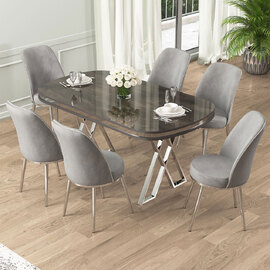 Lai Anthracite Lacquer Panel Dining Table with 6 Fabric Grey Chairs in Chrome