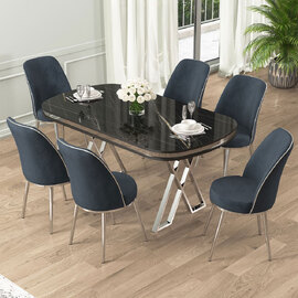 Lai Black Marble Effect Top Lacquer Panel Dining Table with 6 Fabric Anthracite Chairs in Chrome