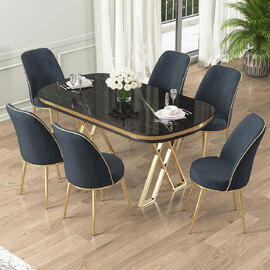Lai Black Marble Effect Top Lacquer Panel Dining Table with 6 Fabric Anthracite Chairs in Gold