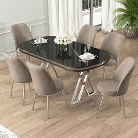 Lai Black Marble Effect Top Lacquer Panel Dining Table with 6 Fabric Cappuccino Chairs in Chrome
