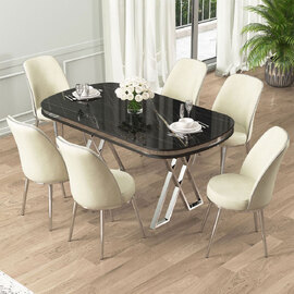 Lai Black Marble Effect Top Lacquer Panel Dining Table with 6 Fabric Cream Chairs in Chrome