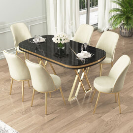 Lai Black Marble Effect Top Lacquer Panel Dining Table with 6 Fabric Cream Chairs in Gold