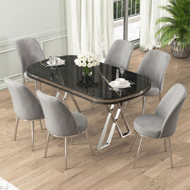 Lai Black Marble Effect Top Lacquer Panel Dining Table with 6 Fabric Grey Chairs in Chrome