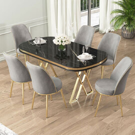Lai Black Marble Effect Top Lacquer Panel Dining Table with 6 Fabric Grey Chairs in Gold