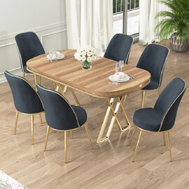 Lai Light Walnut Lacquer Panel Dining Table with 6 Fabric Anthracite Chairs in Gold