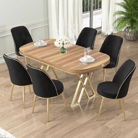 Lai Light Walnut Lacquer Panel Dining Table with 6 Fabric Black Chairs in Gold