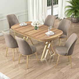 Lai Light Walnut Lacquer Panel Dining Table with 6 Fabric Cappuccino in Gold