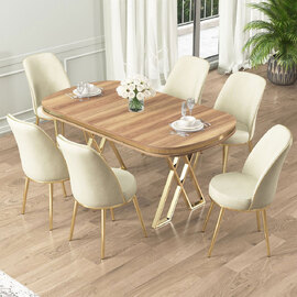 Lai Light Walnut Lacquer Panel Dining Table with 6 Fabric Cream in Gold
