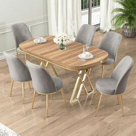 Lai Light Walnut Lacquer Panel Dining Table with 6 Fabric Grey in Gold