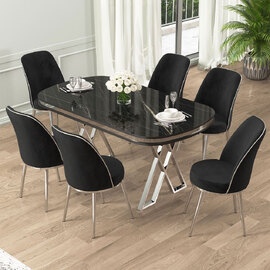 Lai Marble Effect Top Lacquer Panel Dining Table with 6 Fabric Black Chairs in Chrome