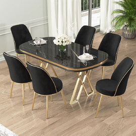 Lai Marble Effect Top Lacquer Panel Dining Table with 6 Fabric Black Chairs in Gold