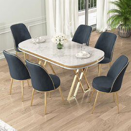 Lai White Lacquer Panel Dining Table with 6 Fabric Anthracite Chairs in Gold
