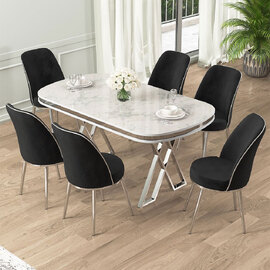 Lai White Lacquer Panel Dining Table with 6 Fabric Black Chairs in Chrome