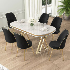Lai White Lacquer Panel Dining Table with 4 Fabric Black Chairs in Gold