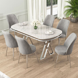 Lai White Lacquer Panel Dining Table with 4 Fabric Grey Chairs in Chrome