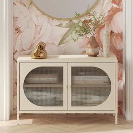 Lakes Metal Storage Cabinet Wide 2 Fluted Glass Doors In Parchment