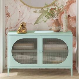 Lakes Metal Storage Cabinet Wide 2 Fluted Glass Doors In Sky Blue