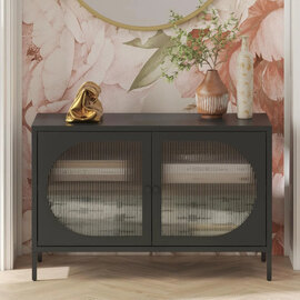 Lakes Metal Storage Cabinet Wide 2 Fluted Glass Doors In Black