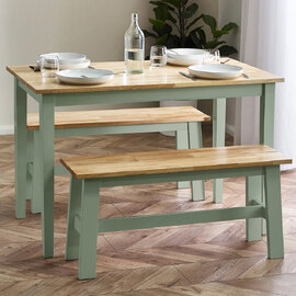 Lamar Green And Light Brown Wooden Dining Table With 2 Bench