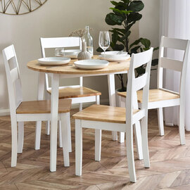 Lamar White Oak Wooden Round Drop Leaf Dining Table With 4 Chairs