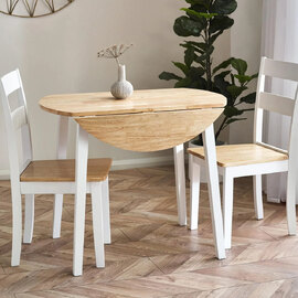 Lamar White Oak Wooden Round Drop Leaf Dining Table With 2 Chairs