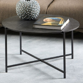 Lampe Wooden Round Coffee Table In Black Marble Effect